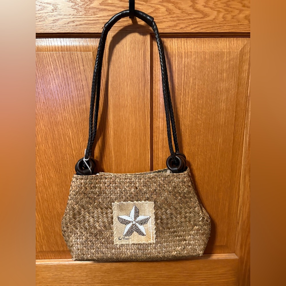 Chic Brown Woven Shoulder Bag with Starfish Detail